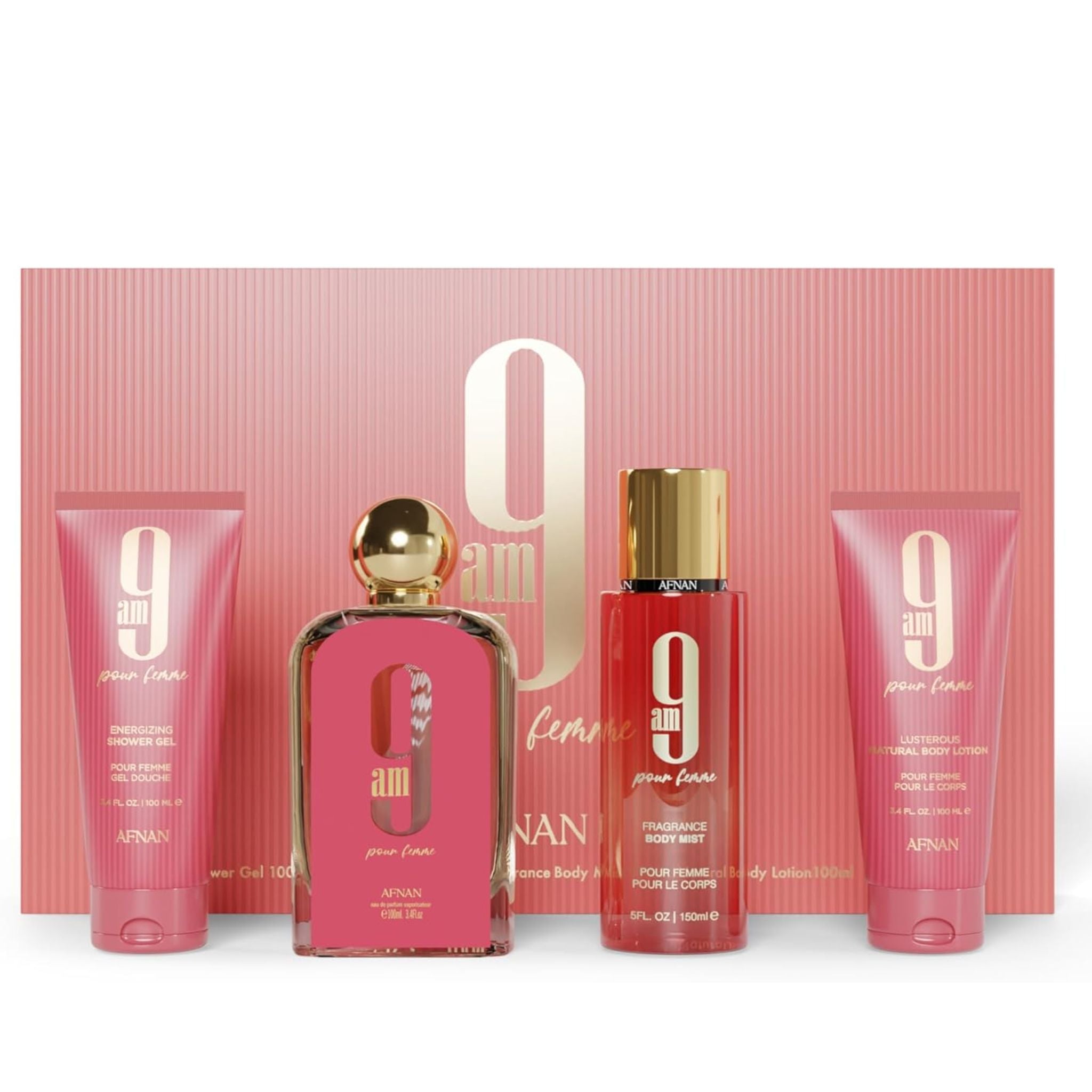 9AM Gift Set Eau De Parfum 100 ml / 3.4 fl.oz + 3.4 oz Shower Gel + Body Lotion 3.4 oz + Body Mist 5.0 oz For Women by Afnan