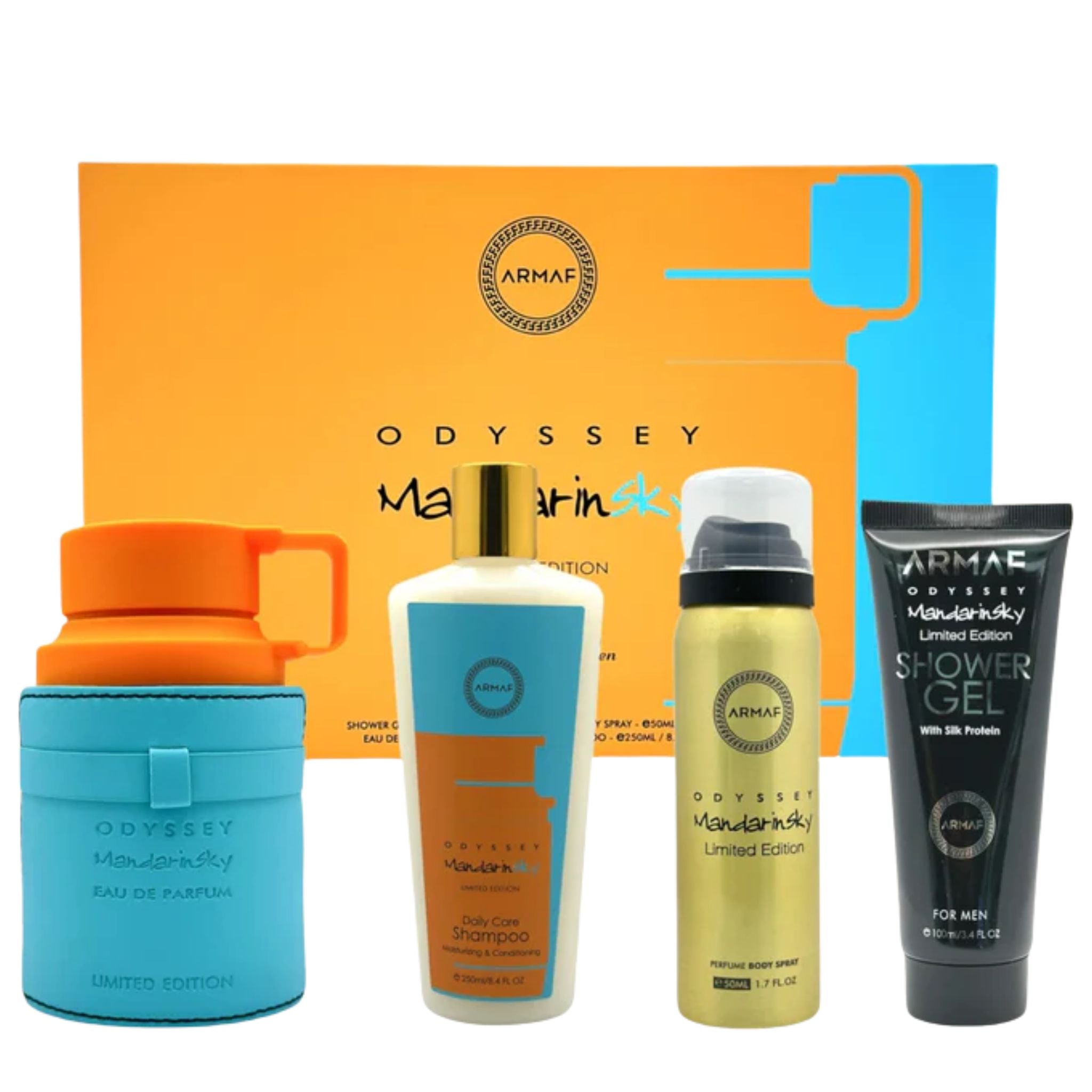 Odyssey Mandarin Sky Gift Set Eau De Parfum 100 ml / 3.4 fl.oz + Body Spray 50ml + Shower Gel 100ml + Shampoo 250 ml Unisex by Armaf