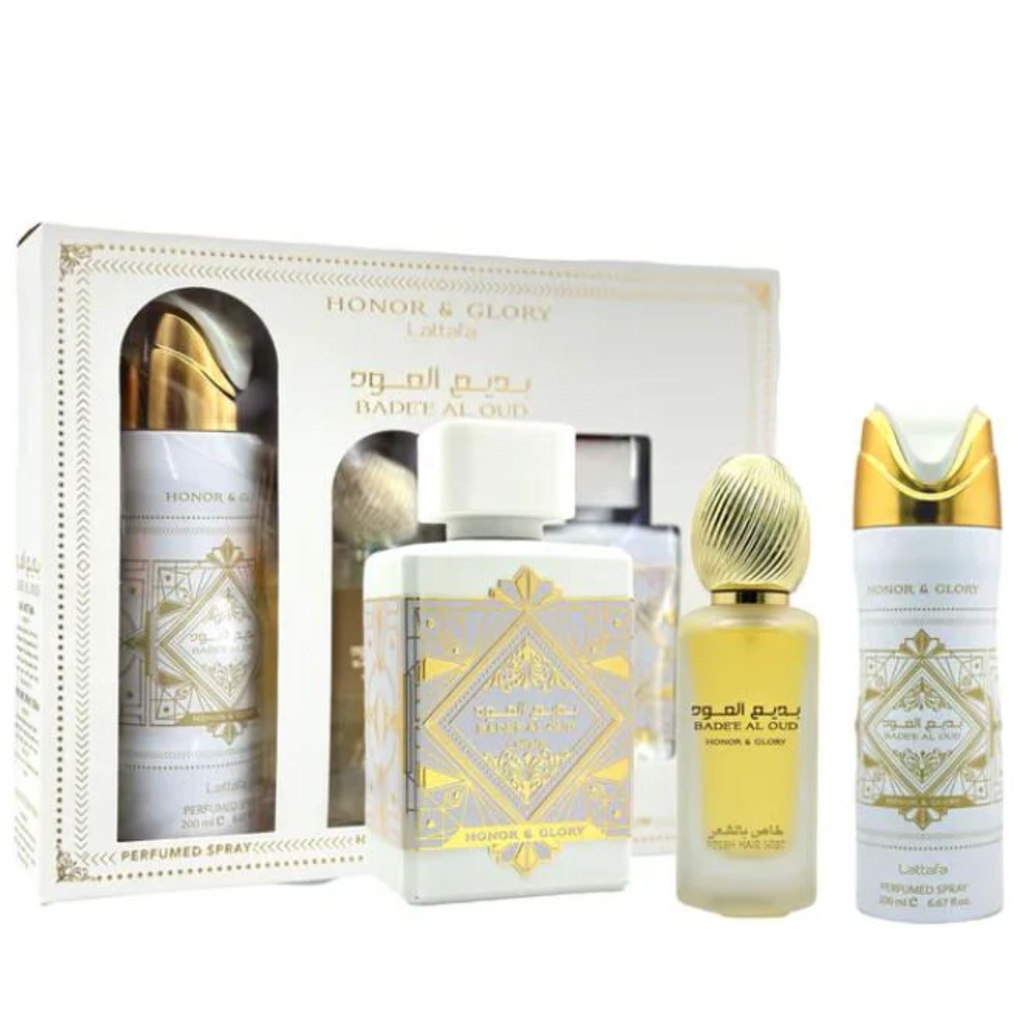 Lattafa Badee Al Oud Honor & Glory Gift Set - Eau de Parfum 3.4 oz, Hair Spray 1.6 oz, and Body Spray 6.7 oz
